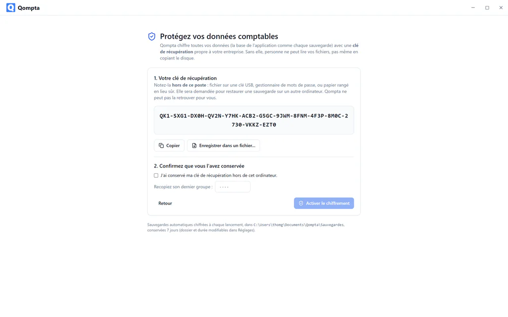 Écran de création de la clé de récupération
